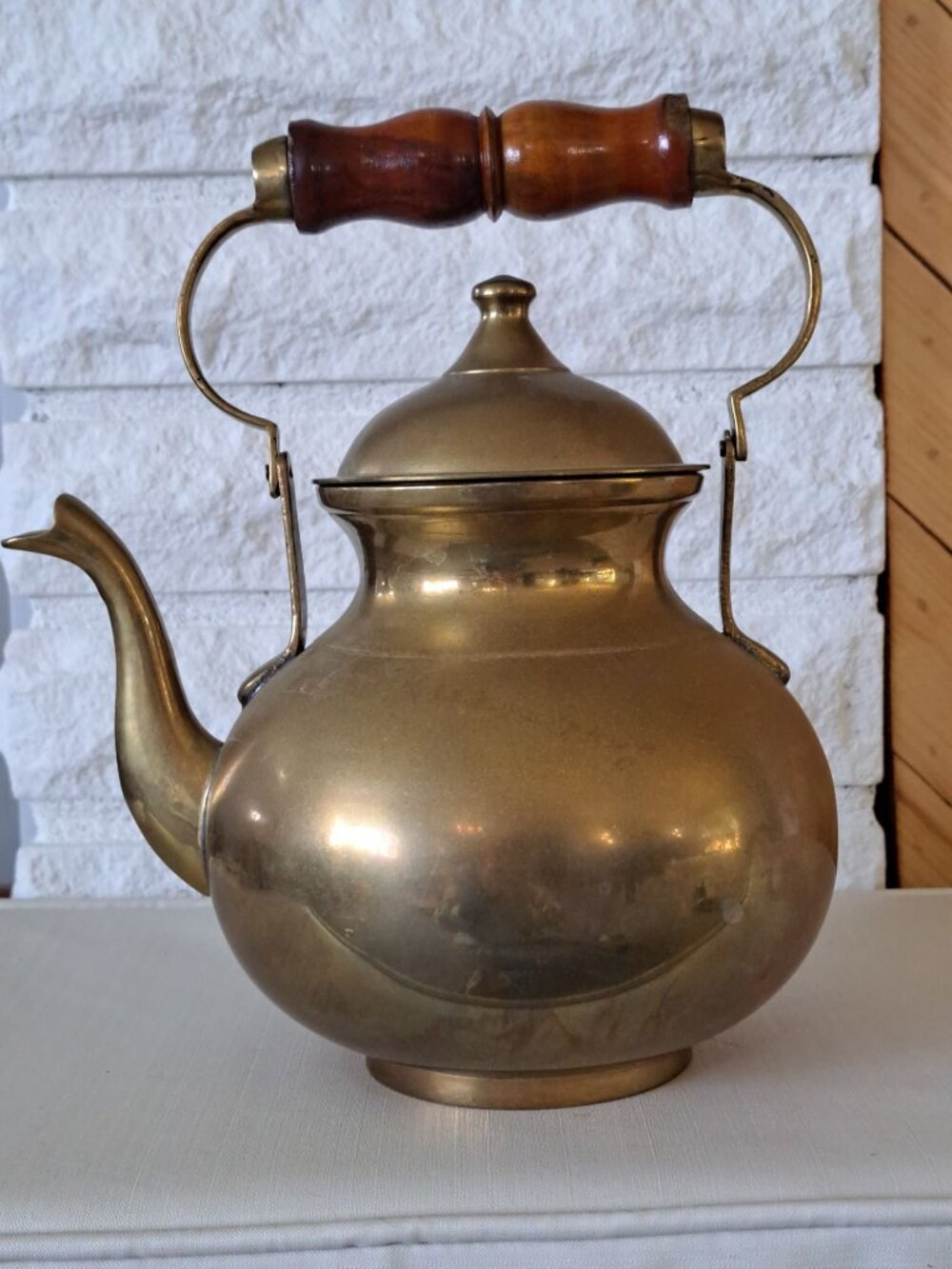 Vintage Brass Teapot With Wooden Handle And Hinged Lid  Collectible Home Decor